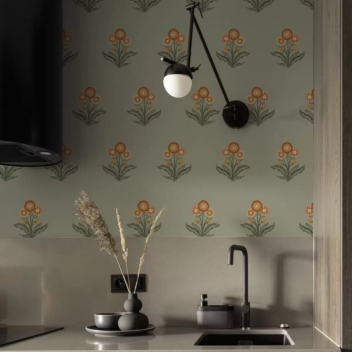 Tapety Stylizované květiny na olivovém pozadí, teplé tóny a00494v2