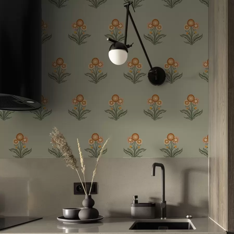 Fototapet Stylizované květiny na olivovém pozadí, teplé tóny a00494v2