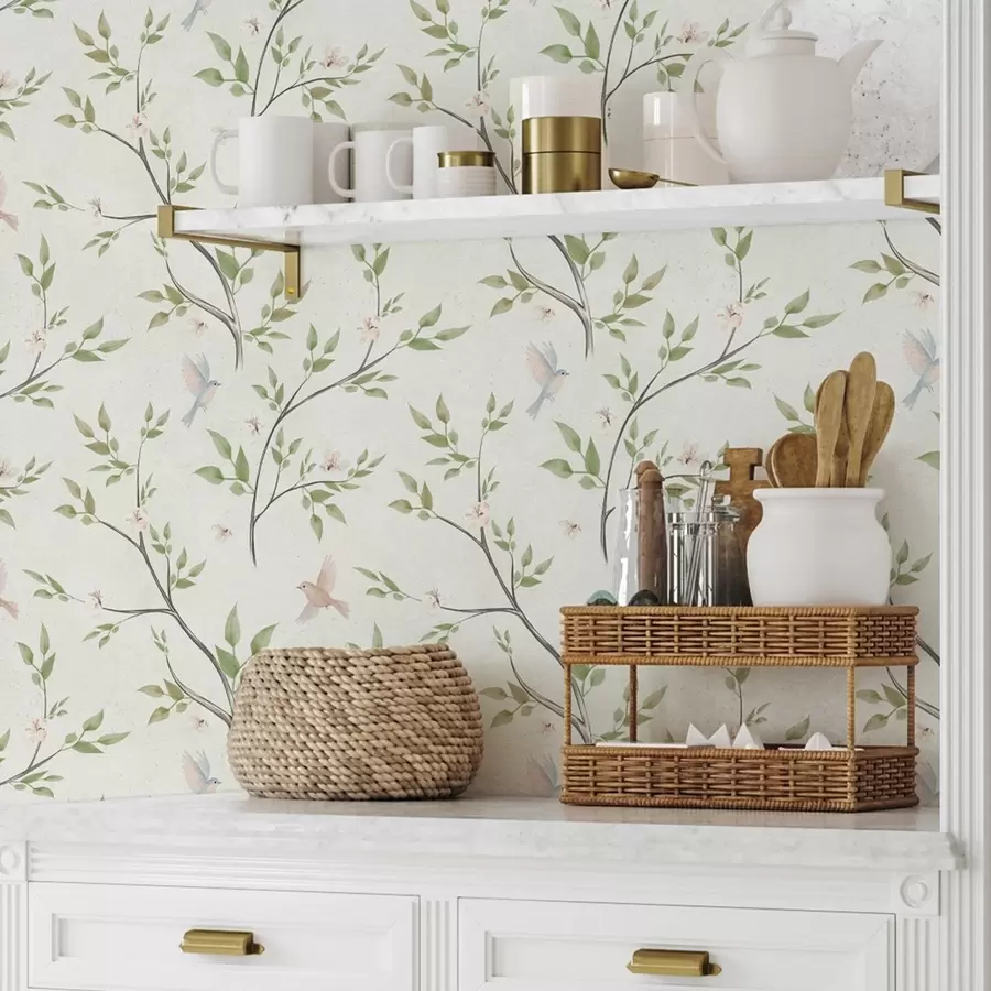 Fototapet Akvarelové větve s listy a ptáky na světlém pozadí a00496