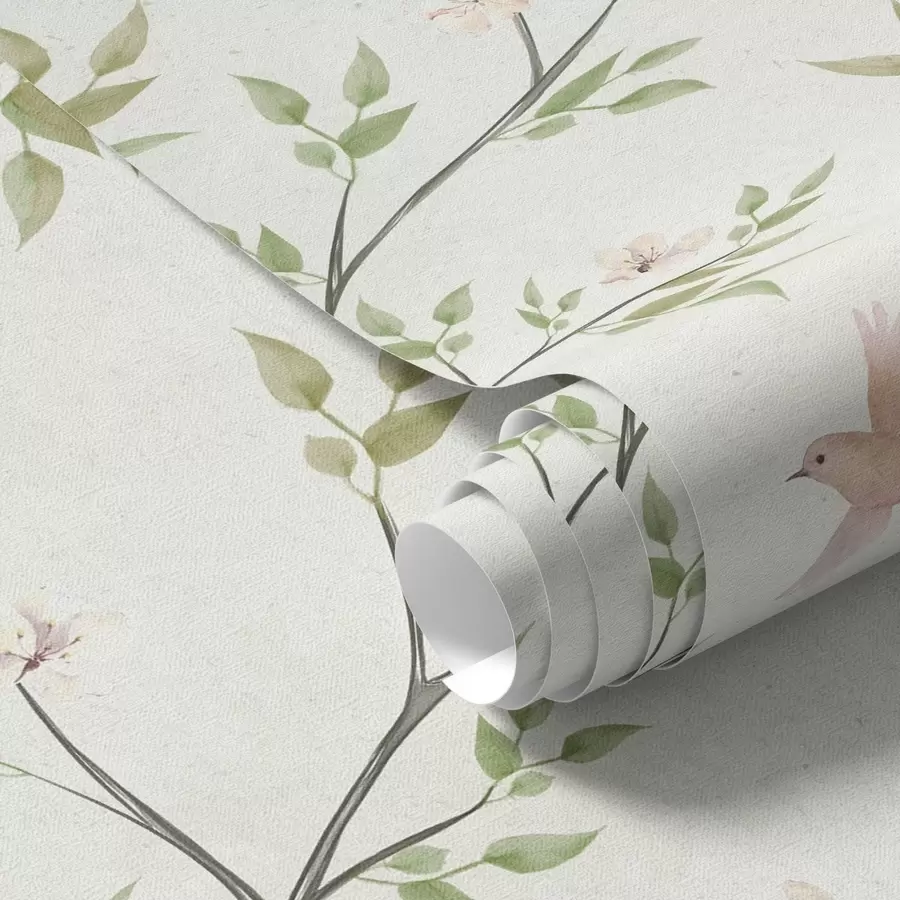 Fototapet Akvarelové větve s listy a ptáky na světlém pozadí a00496