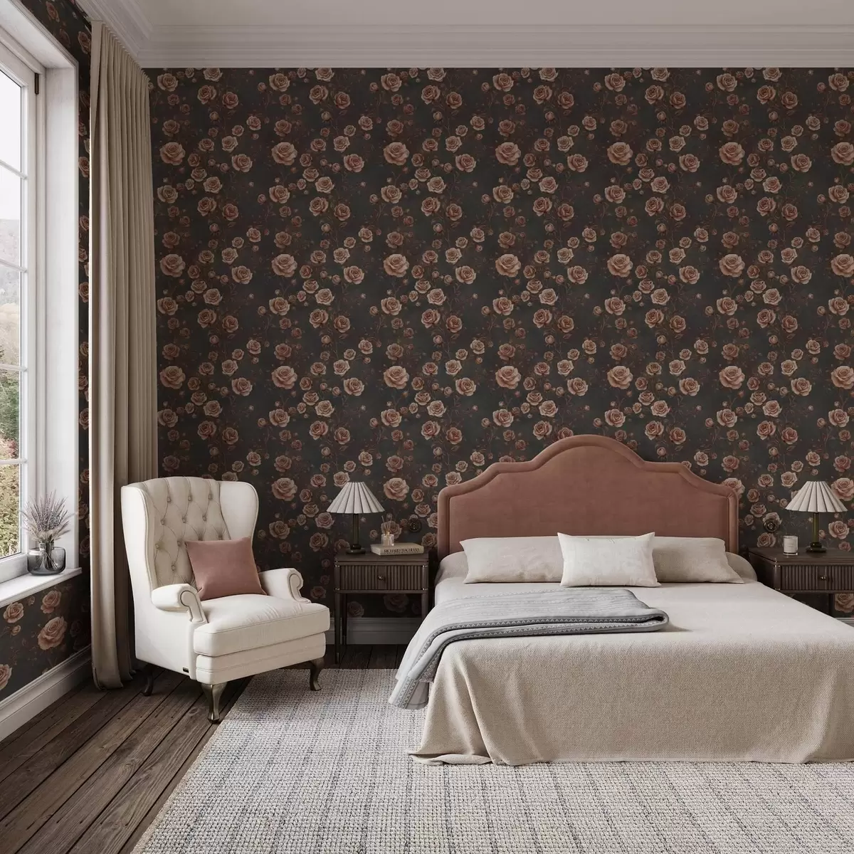 Tapety Vintage růže na grafitovém pozadí, terakotová paleta a00497v1