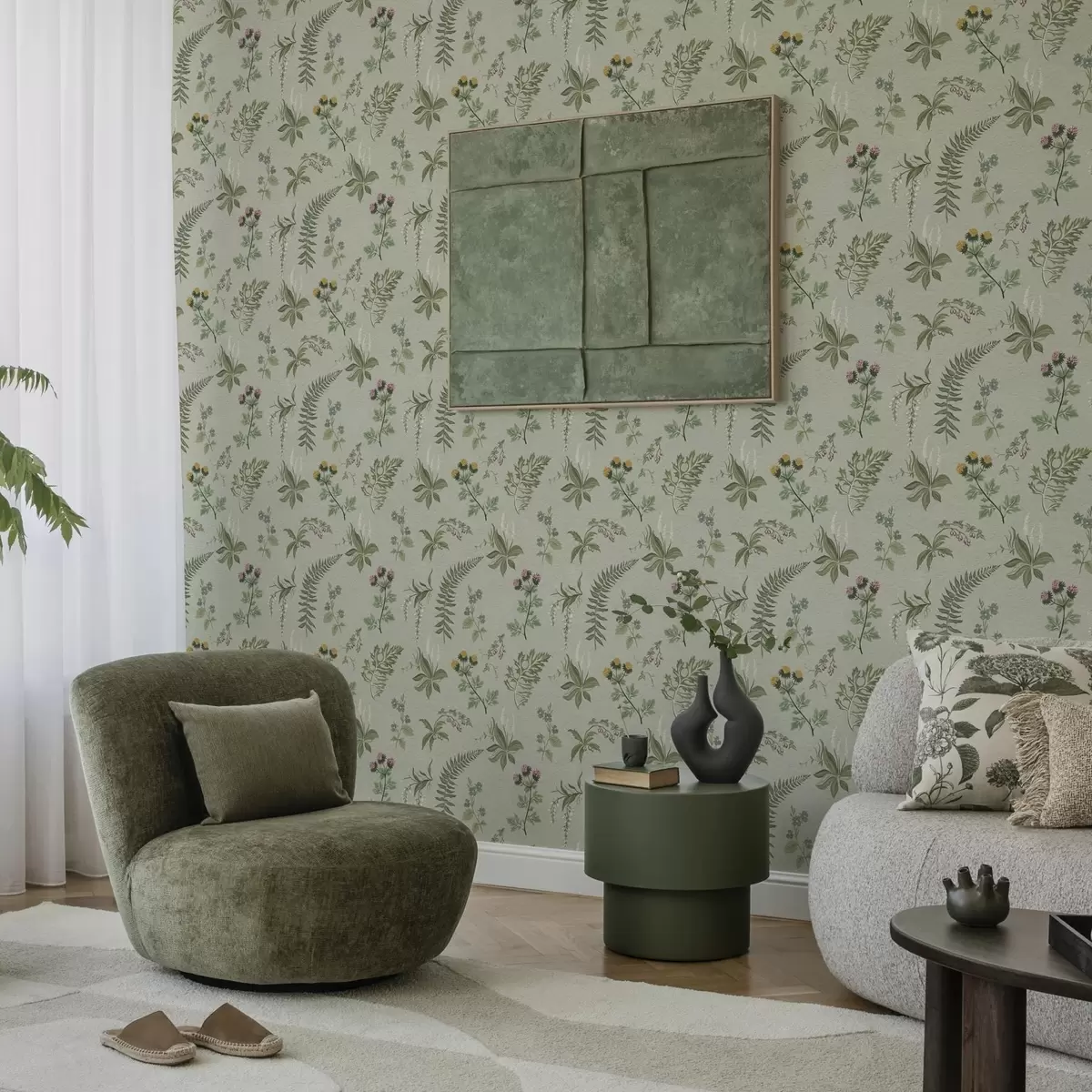 Tapety Botanické trávy a kapradiny na světle šedozeleném podkladu a00498