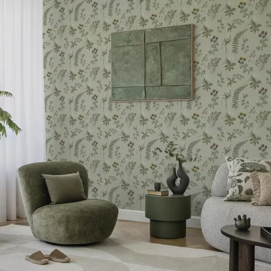 Fototapet Botanické trávy a kapradiny na světle šedozeleném podkladu a00498