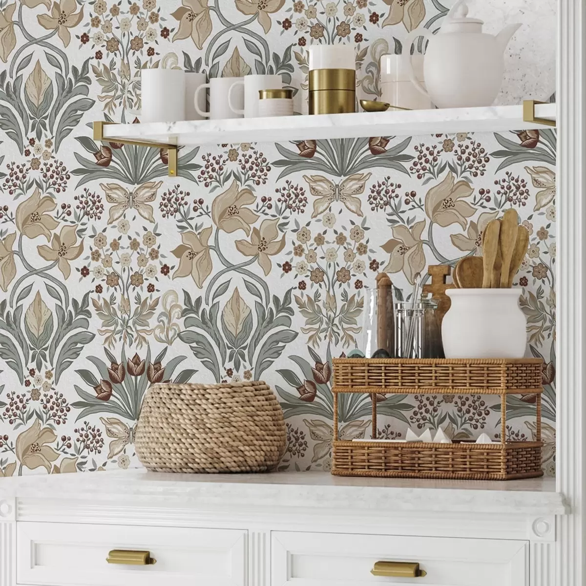 Tapety Dekorativní lilie a motýl na bílém pozadí a00500v1