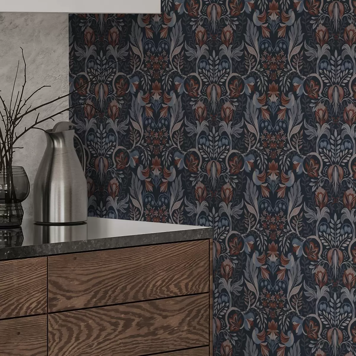 Tapety Lidový ornament s ptáky, tmavě indigo a00502v1