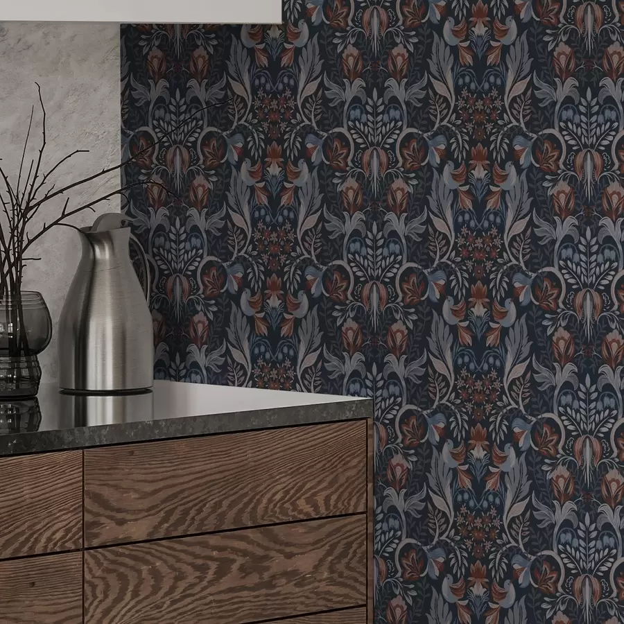 Fototapet Lidový ornament s ptáky, tmavě indigo a00502v1