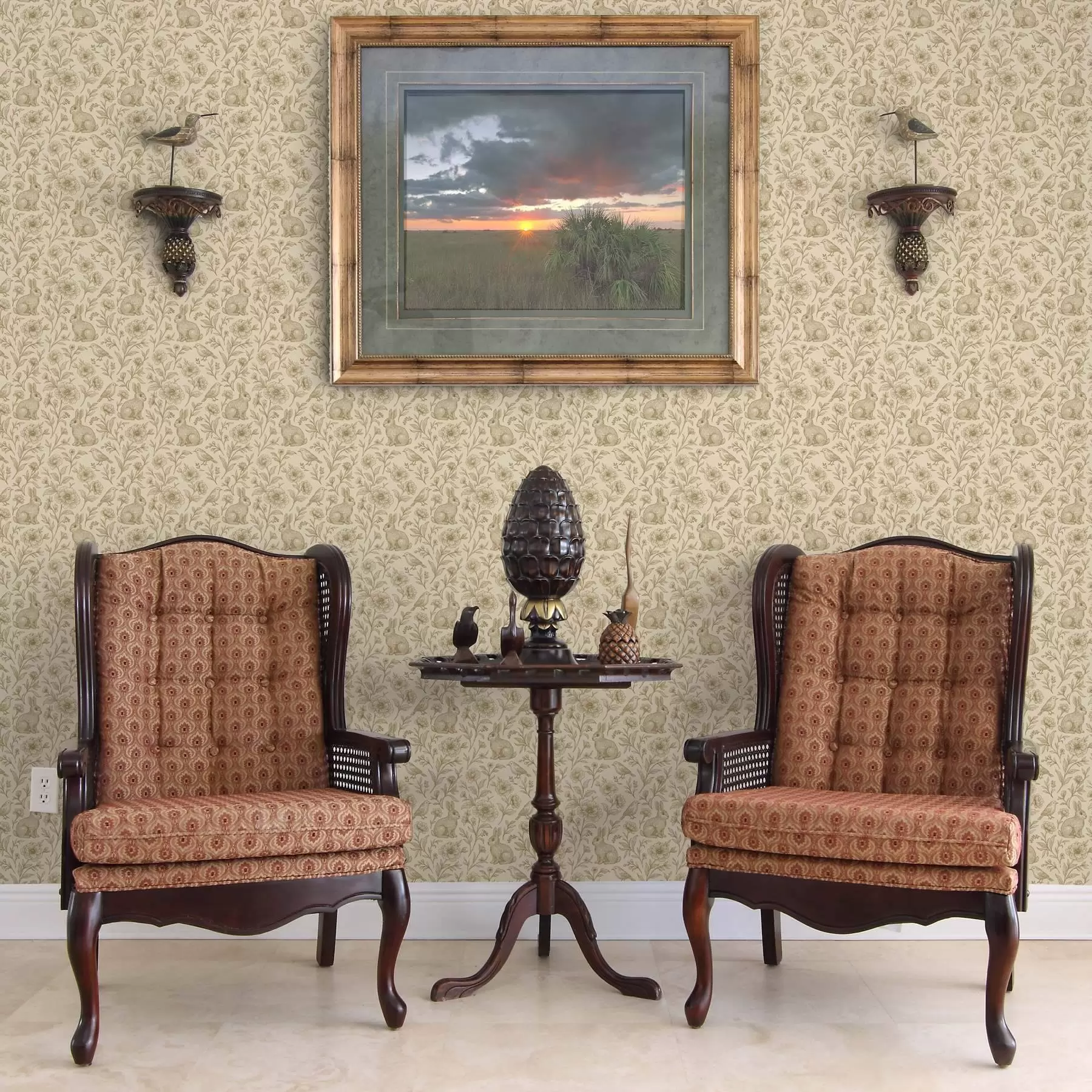 Fototapet Králíci a ptáci v květinovém vzoru a00571