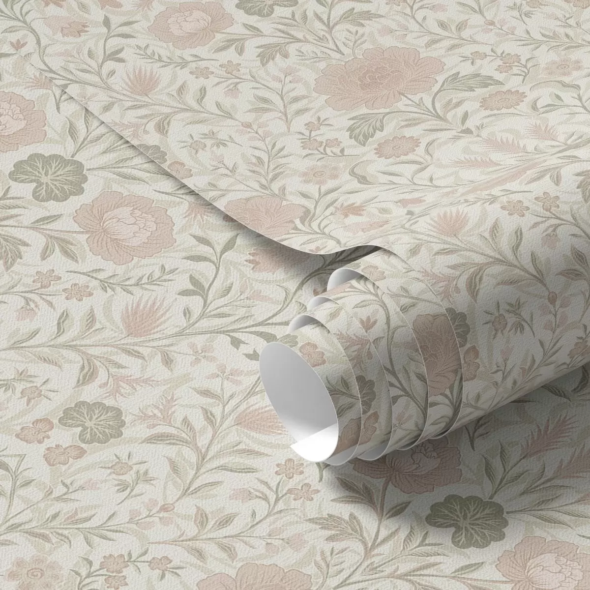 Tapety Morrisův styl: pivoňky a trávy v jemných béžovo-zelených odstínech a00581