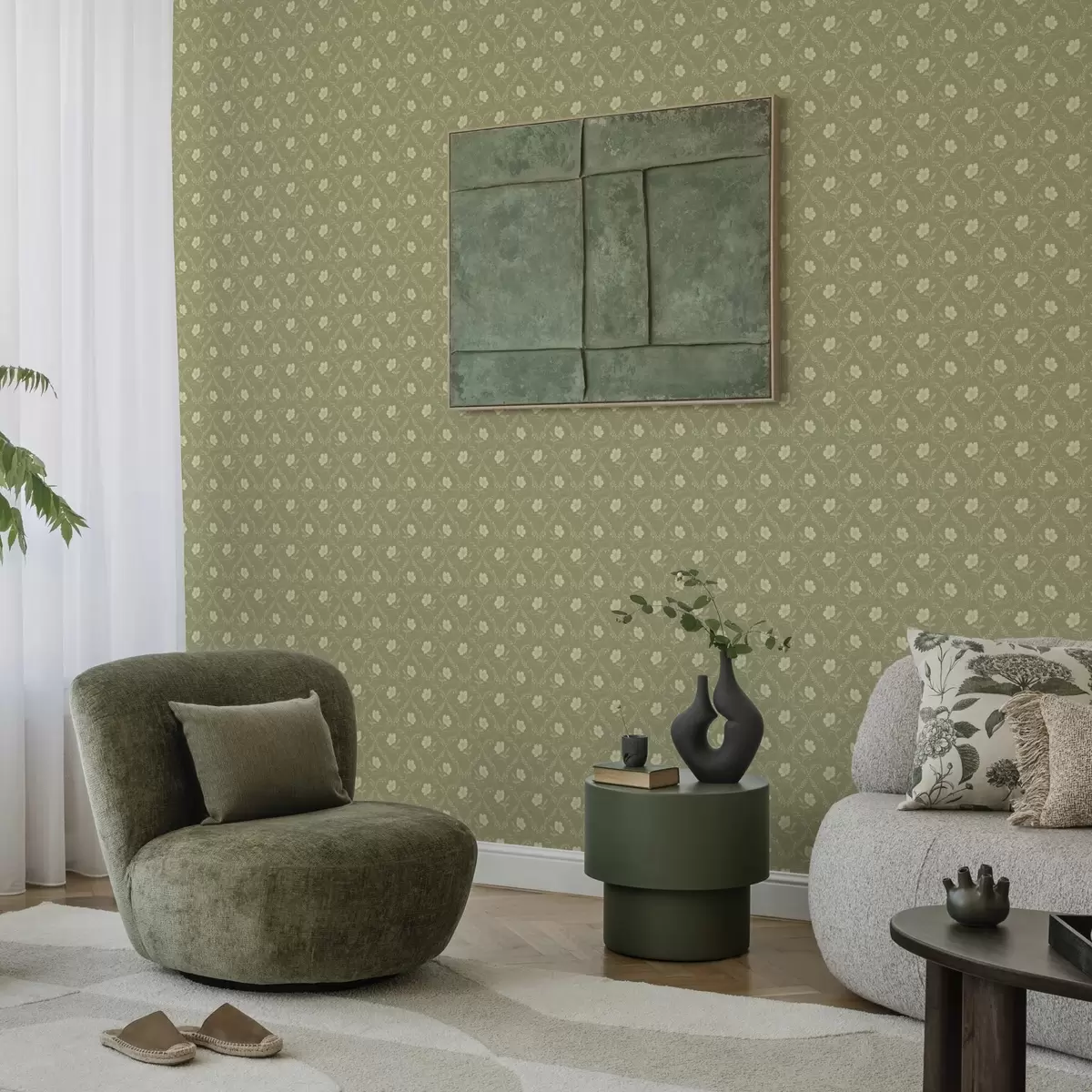 Tapety Olivový plot s krémovými květy, retro ornament a00585