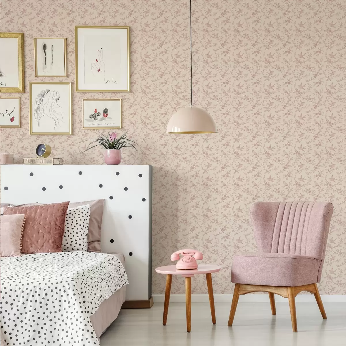 Tapety Ptáci a růže, vintage vzor na pudrově růžovém podkladu a00587