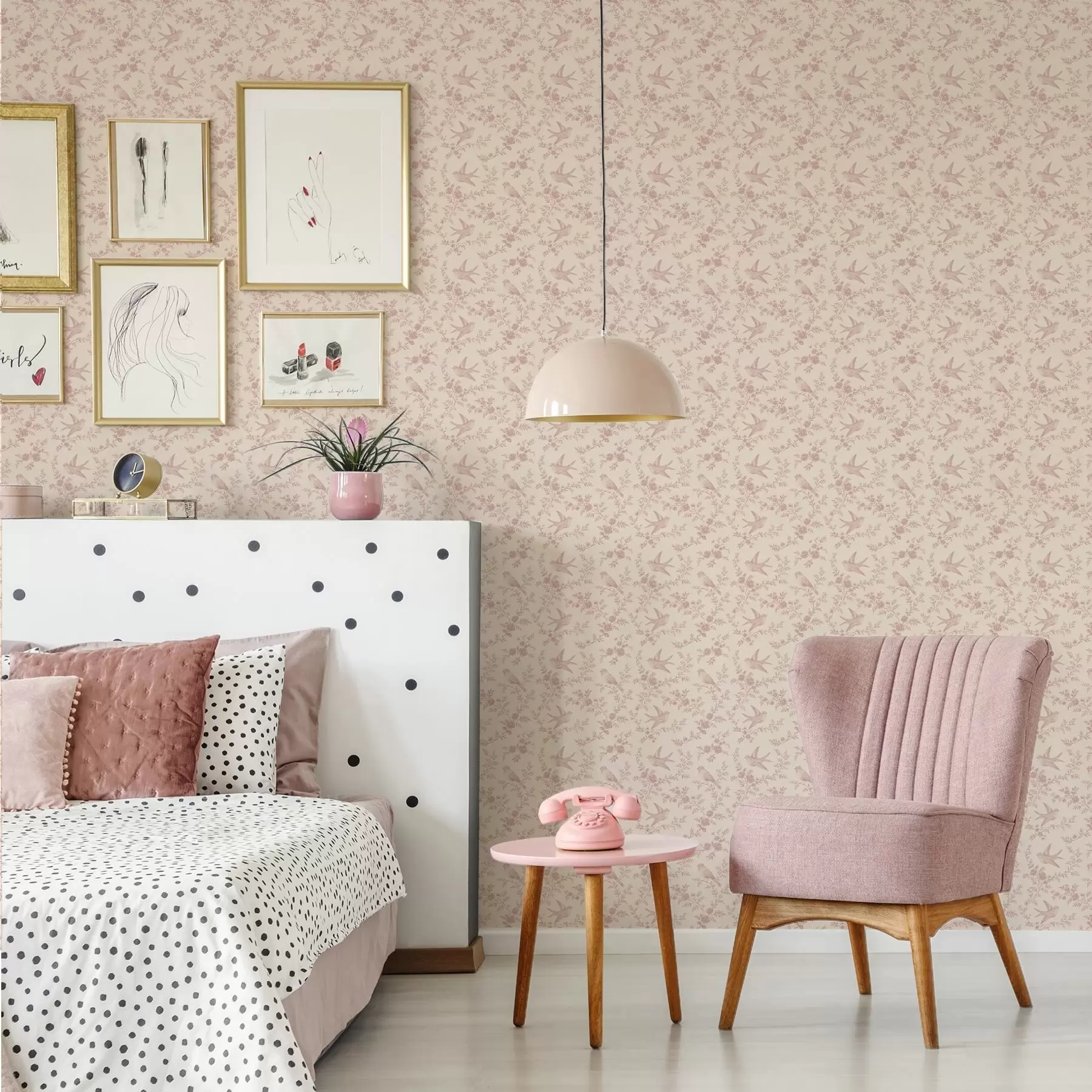 Fototapet Ptáci a růže, vintage vzor na pudrově růžovém podkladu a00587