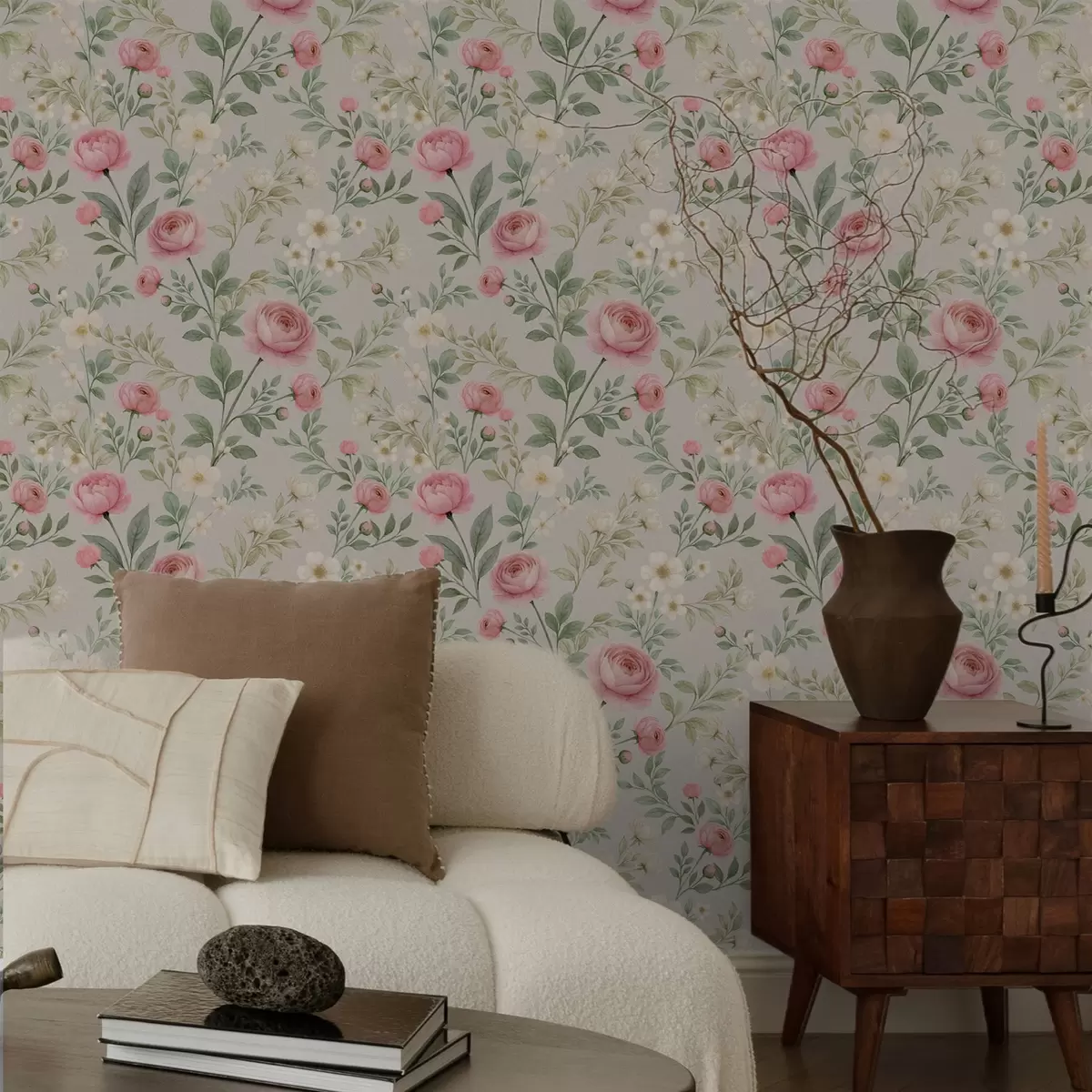 Tapety Akvarelové pivoňky a bílé květy na šedobéžovém pozadí a00592