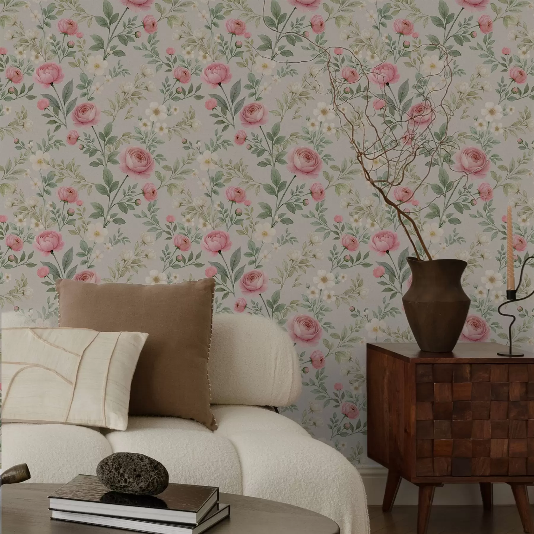 Fototapet Akvarelové pivoňky a bílé květy na šedobéžovém pozadí a00592