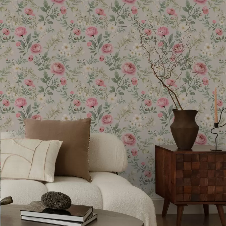 Fototapet Akvarelové pivoňky a bílé květy na šedobéžovém pozadí a00592