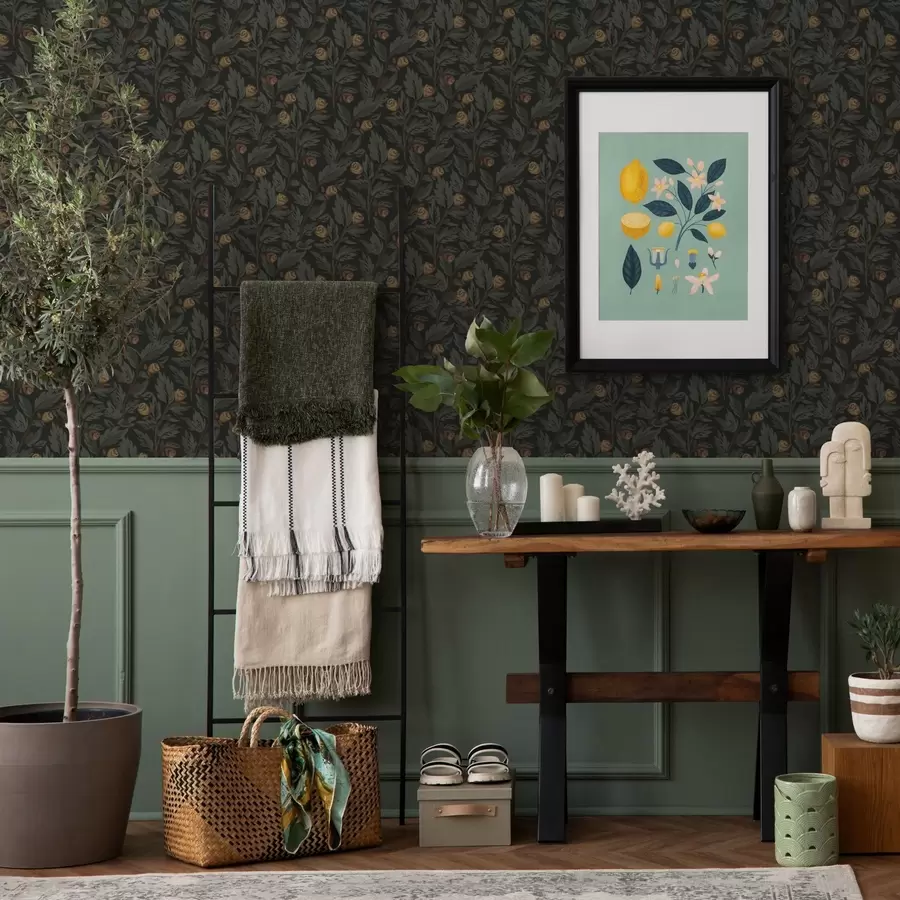 Fototapet Tmavý květinový vzor se žlutými poupaty a listy a00598