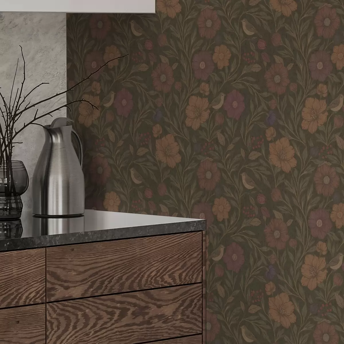 Tapety Podzimní květiny a ptáci na olivově hnědém pozadí a00605