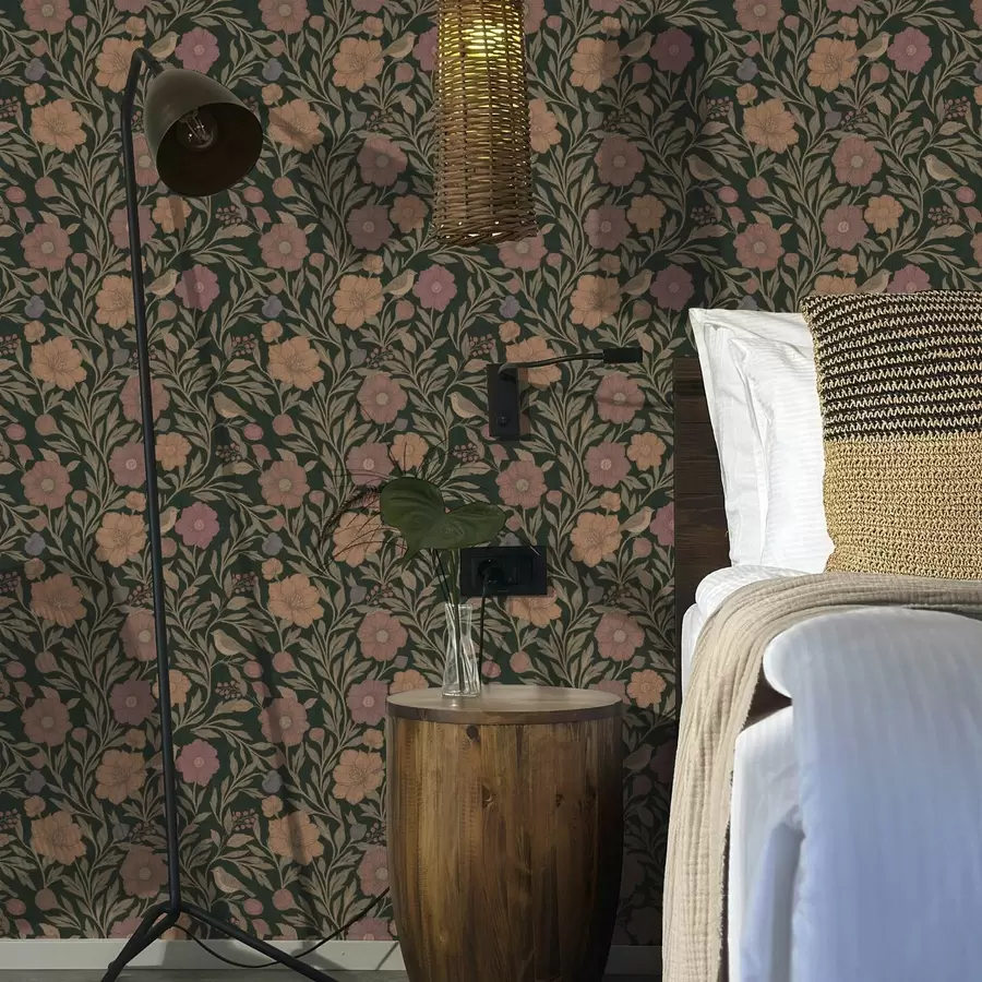 Fototapet Podzimní květiny a ptáci na tmavě smaragdovém pozadí a00605v1