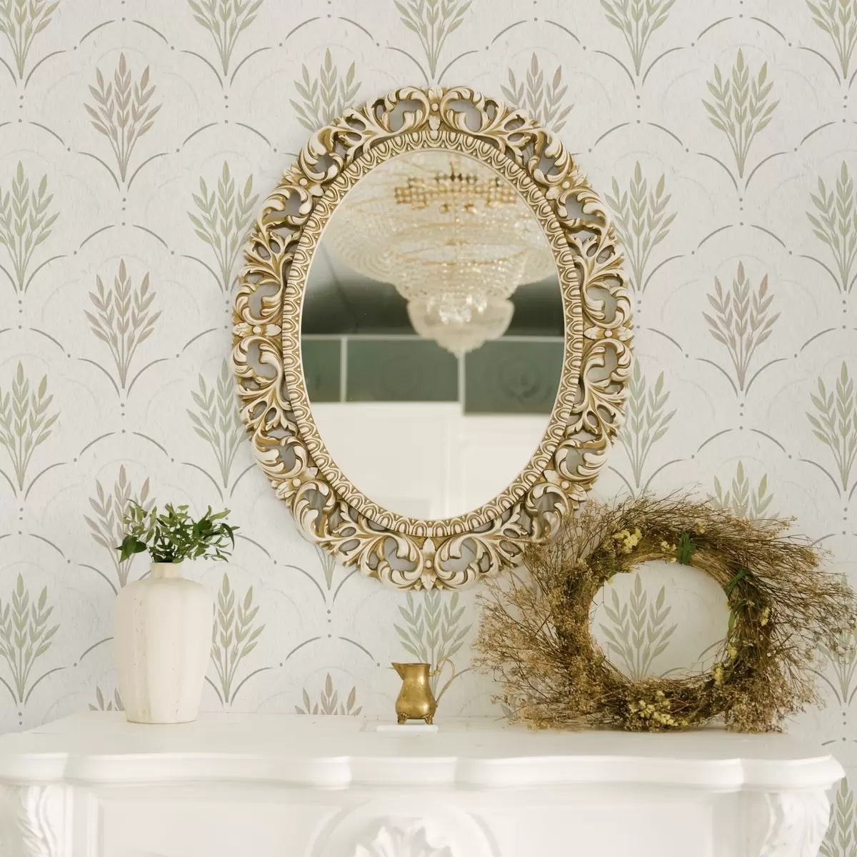 Tapety Pšenice v obloukovém ornamentu, jemné pastelové barvy na bílém pozadí a00607v1