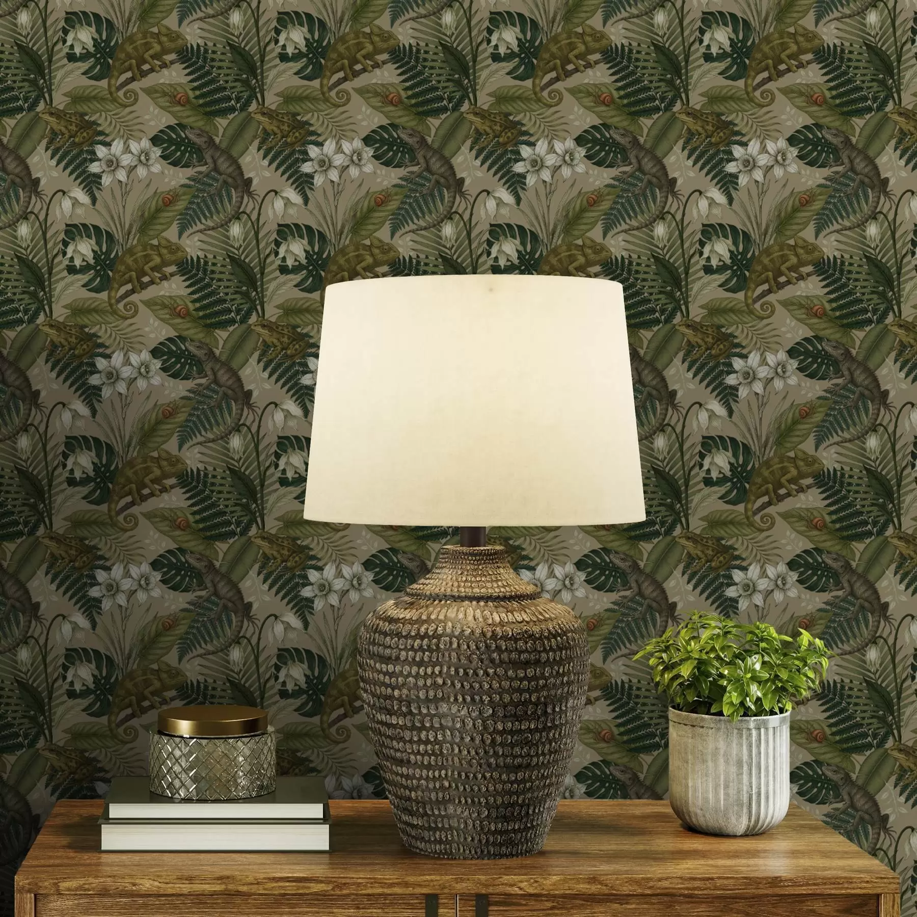 Fototapet Chameleoni a tropické listy, bílé květy, béžový podklad a00608