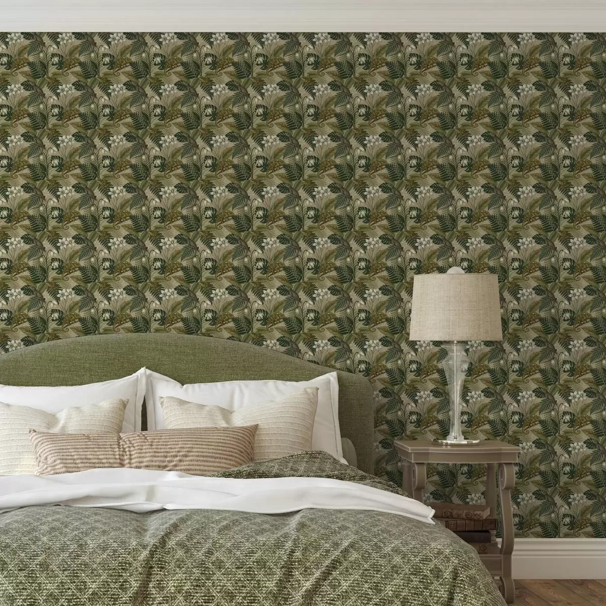 Tapety Chameleoni a tropické listy, bílé květy, béžový podklad a00608