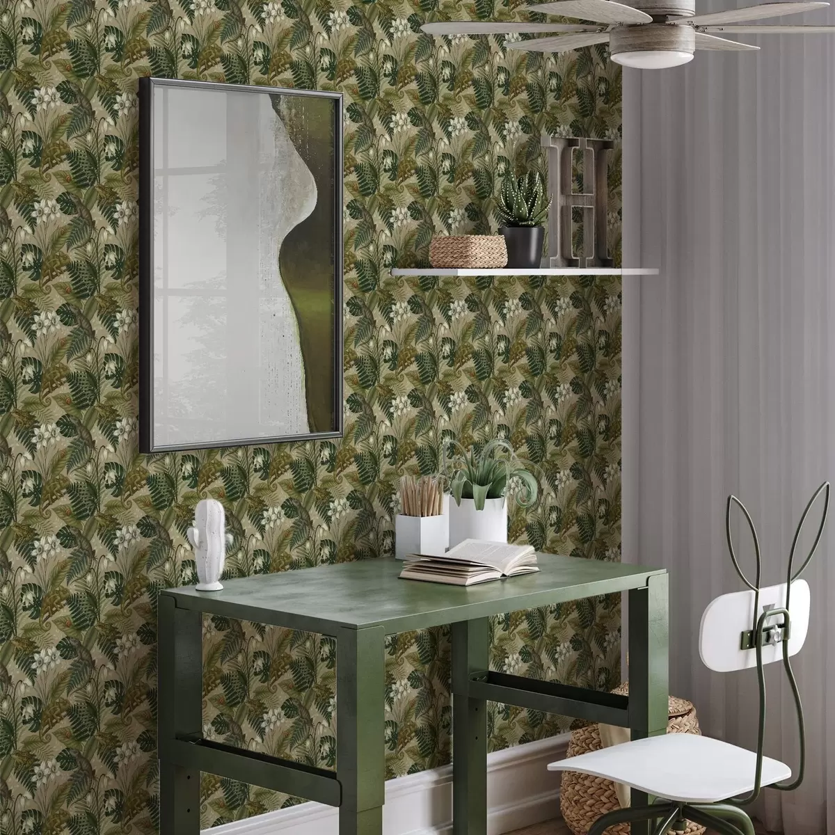 Tapety Chameleoni a tropické listy, bílé květy, béžový podklad a00608