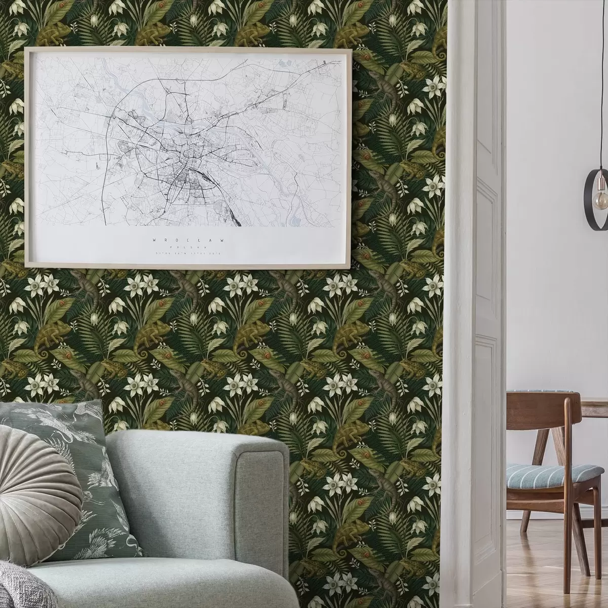 Tapety Chameleoni a tropické listy, bílé květy, tmavý podklad a00608v1