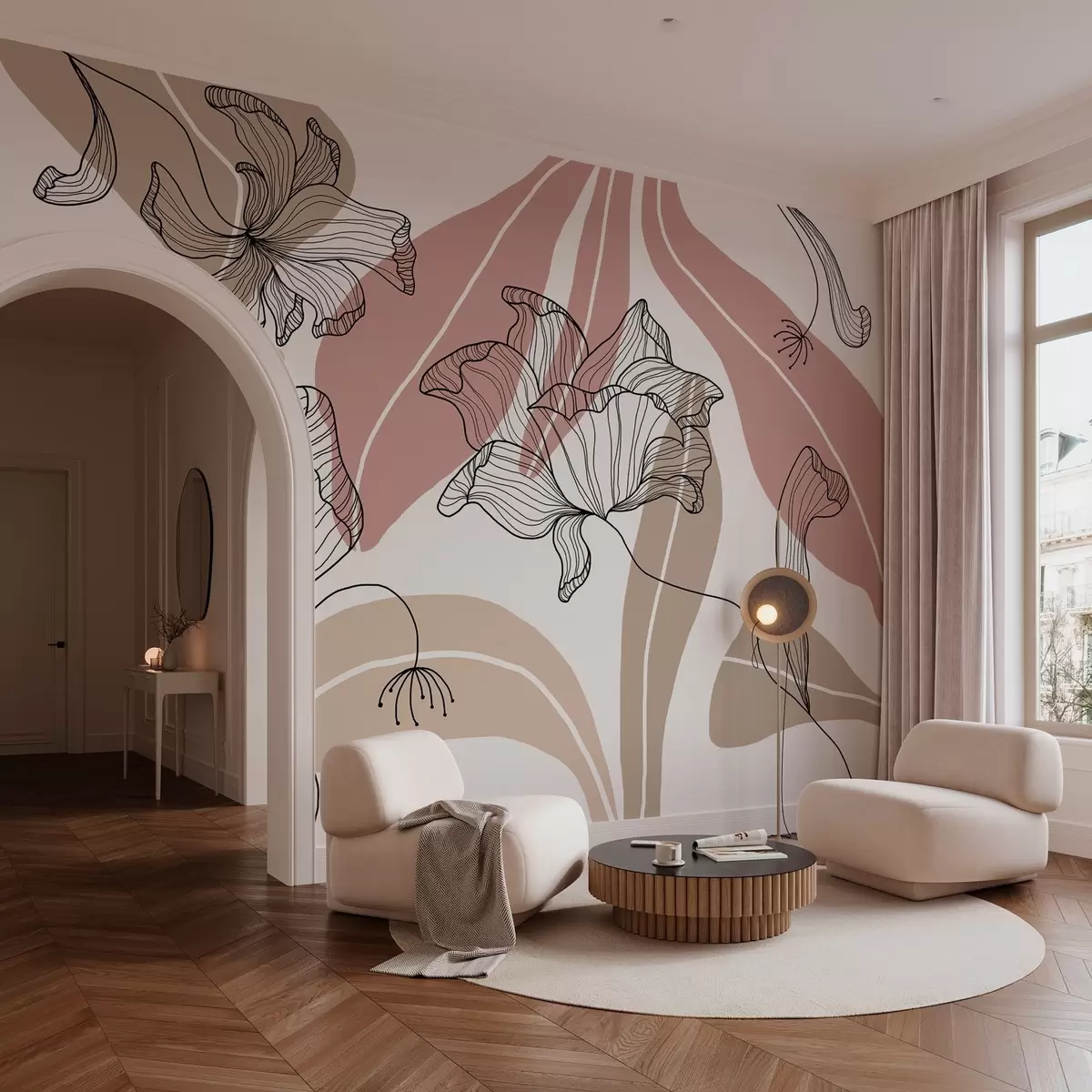 Fototapet abstraktní listy a květiny v pudrových a béžových tónech w04499