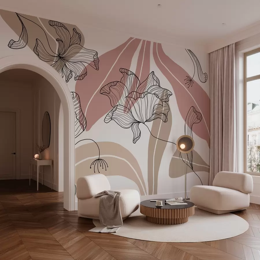 Fototapet abstraktní listy a květiny v pudrových a béžových tónech w04499