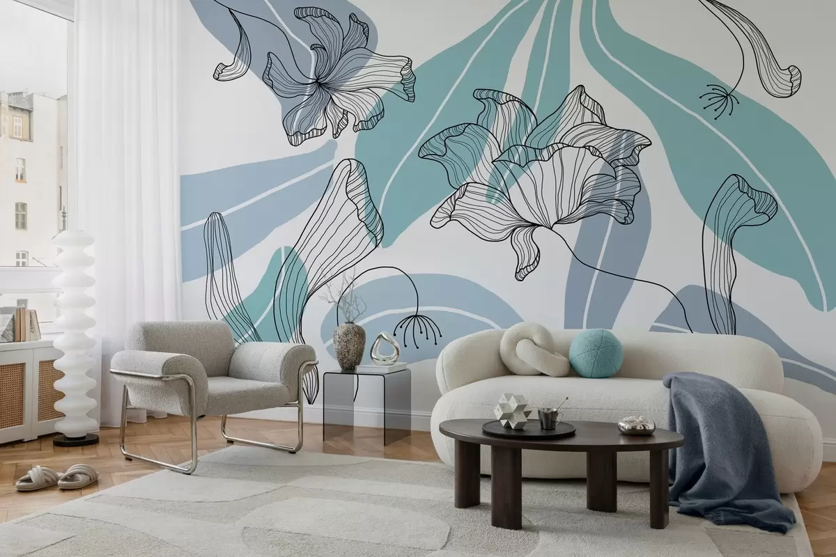 Fototapet abstraktní listy a květiny v modrých tónech w04499v2