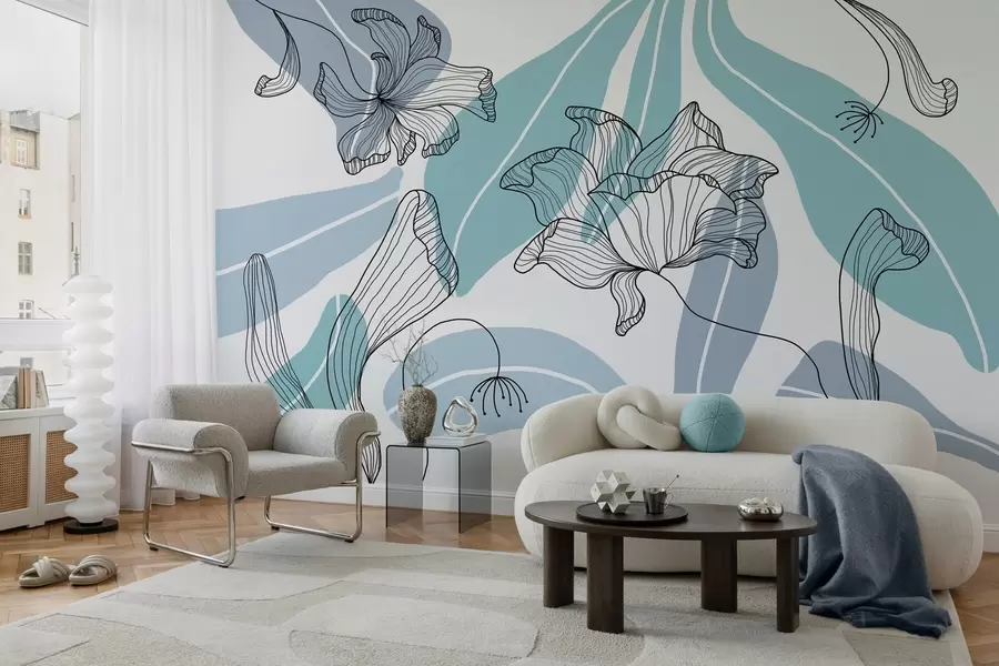 Fototapet abstraktní listy a květiny v modrých tónech w04499v2