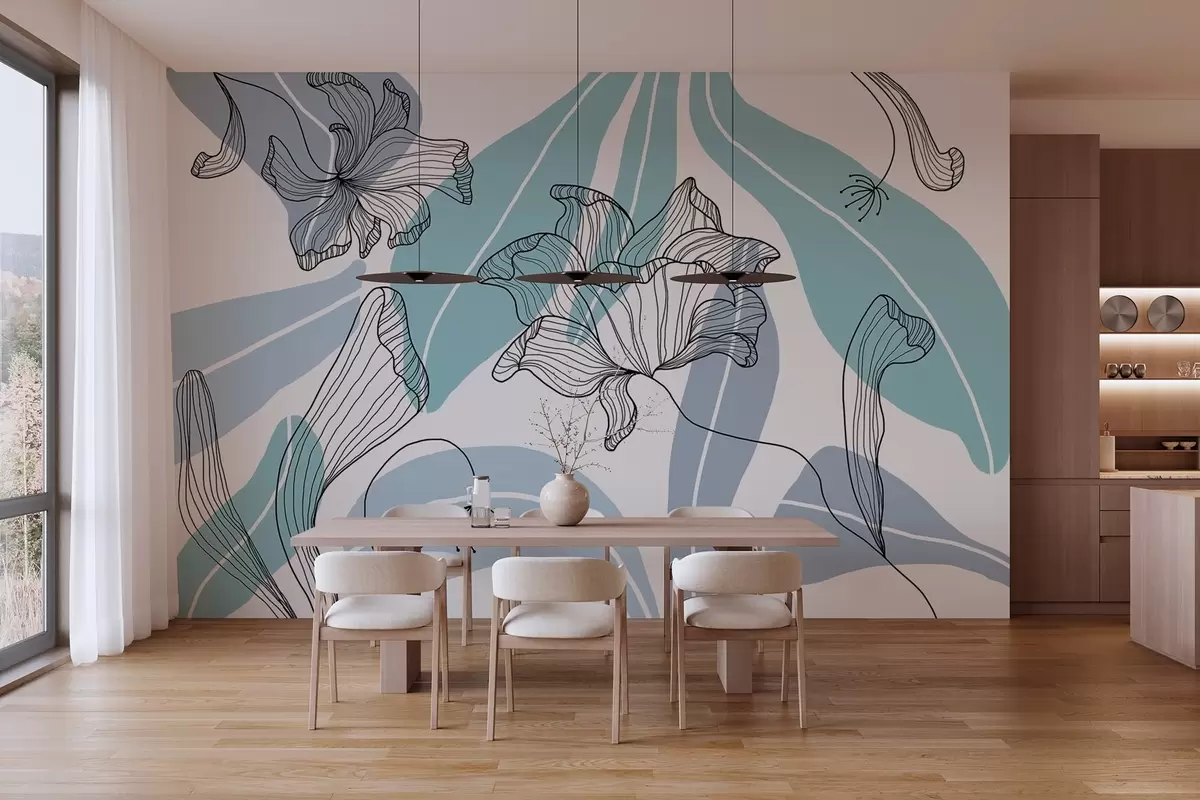 Fototapet abstraktní listy a květiny v modrých tónech w04499v2