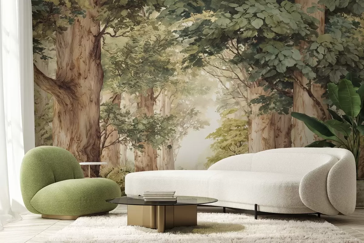 Fototapet Lesní cesta mezi majestátnými stromy v akvarelovém stylu w09404