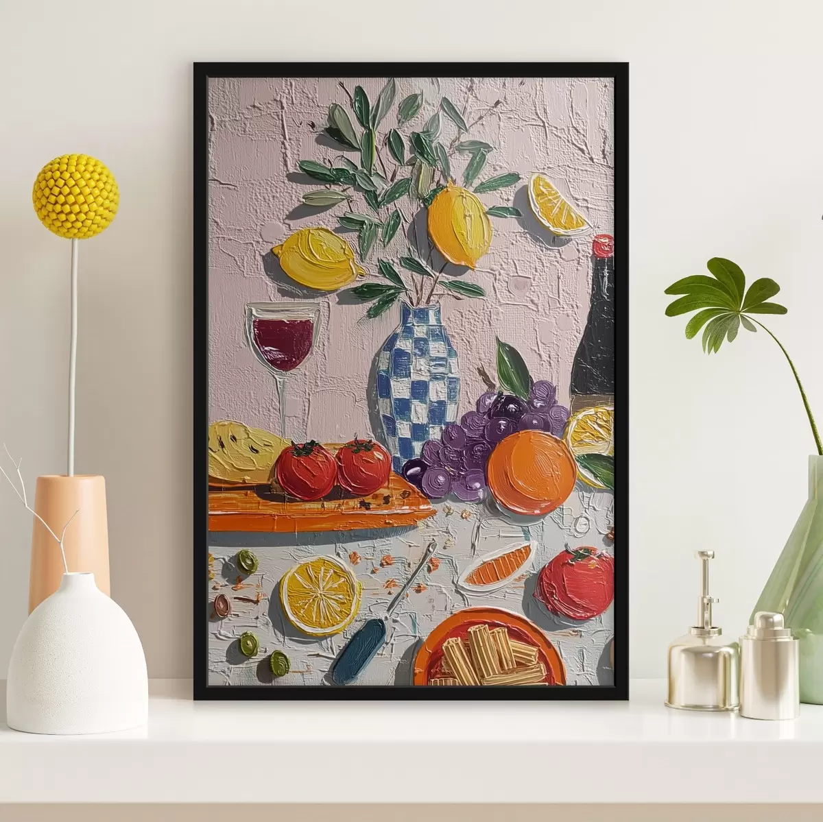 Poster Pastelové zátiší: citrony, hrozny a rajčata, impasto f45876