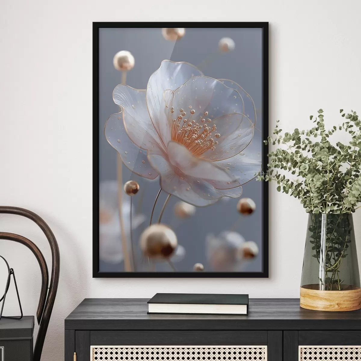 Poster Průsvitná květina s měděnými tyčinkami na modrém pozadí f45880