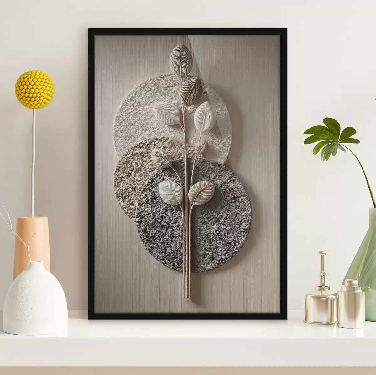 Poster Reliefní kruhy a větev v teplých neutrálních tónech f45883