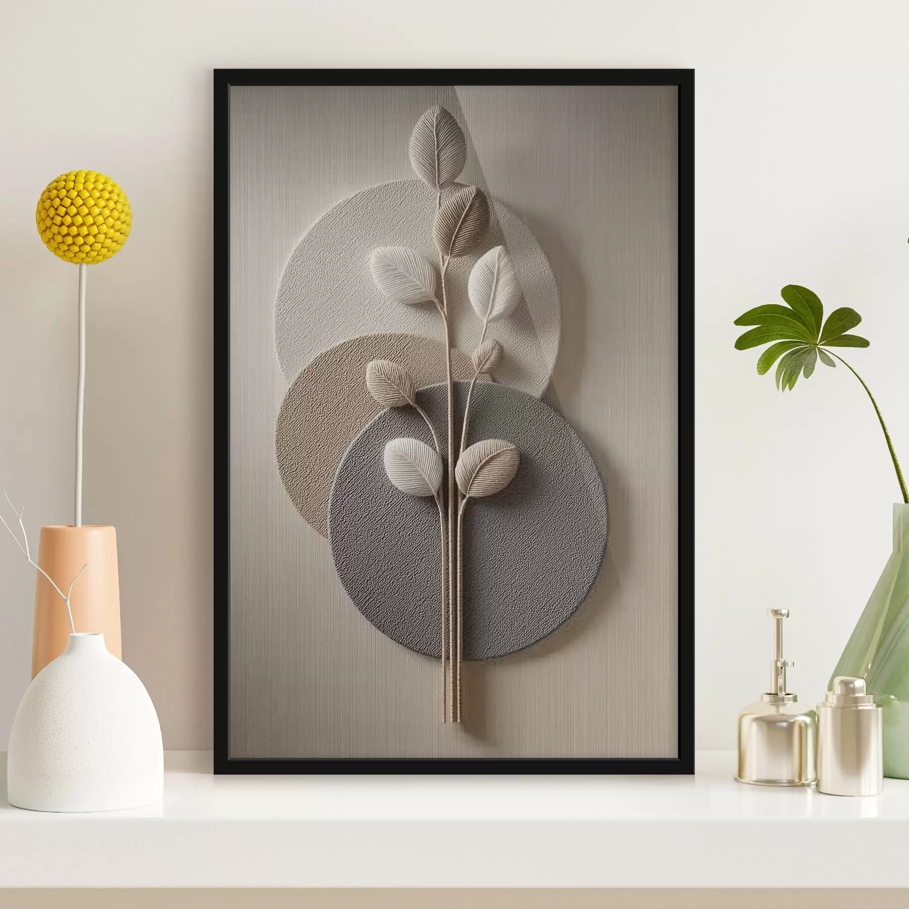 Fototapet Reliefní kruhy a větev v teplých neutrálních tónech f45883