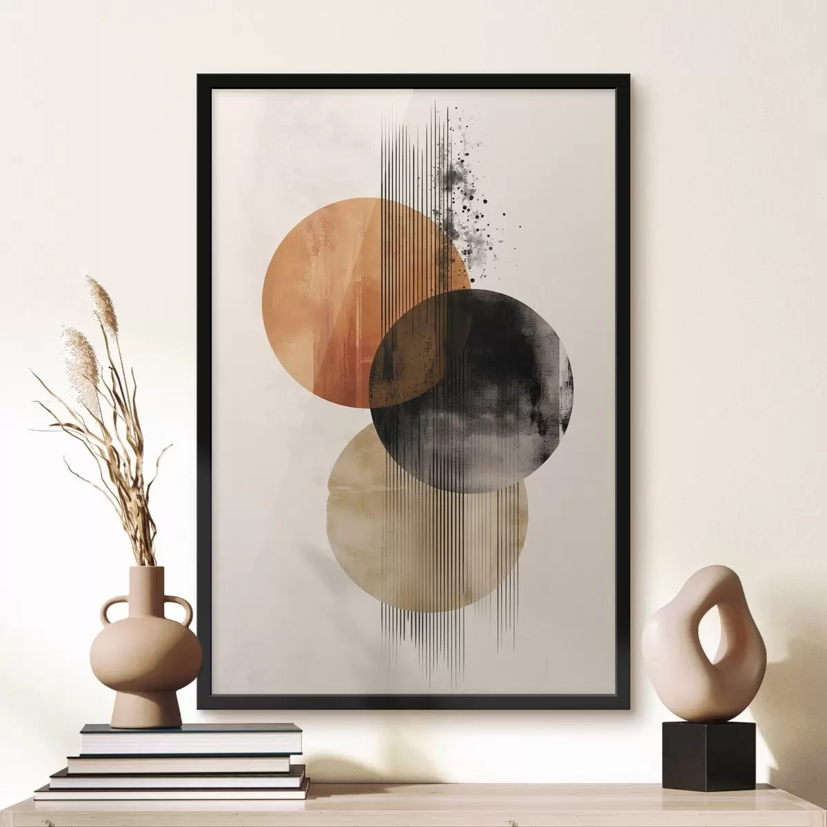 Poster Tři texturované kruhy s čarami v terakotově černé paletě f45885