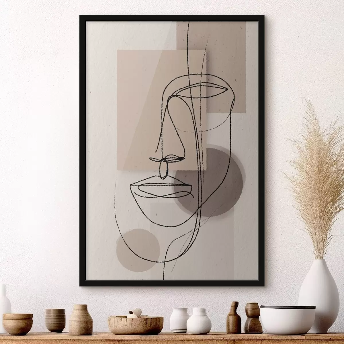 Poster Portrét na čáře nad béžovými geometrickými tvary f45886