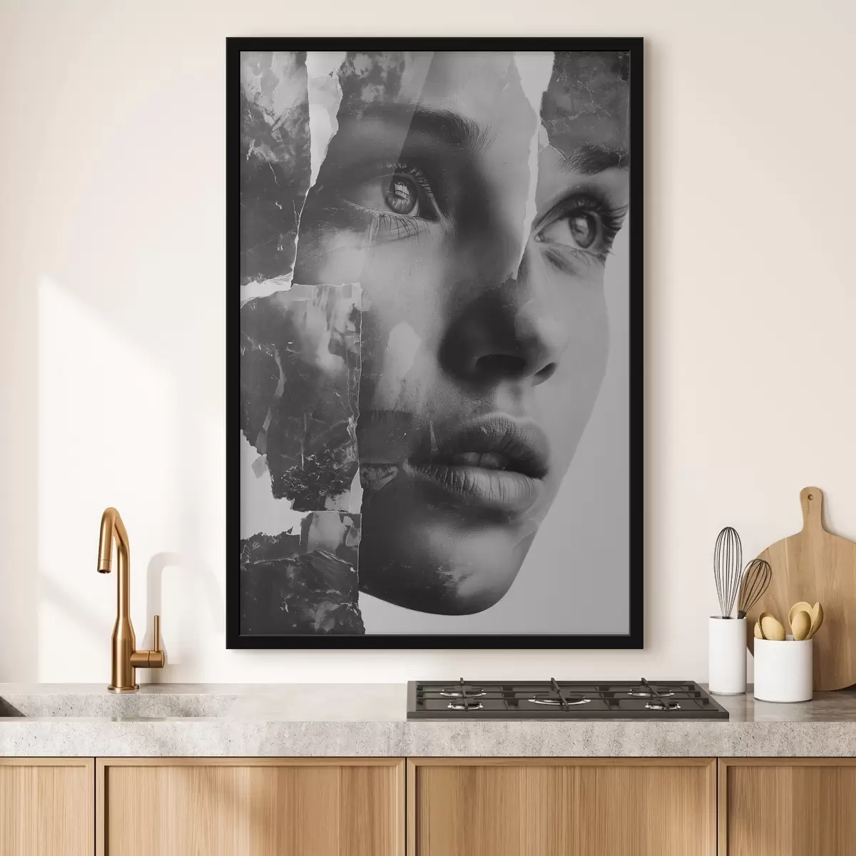 Poster Černobílý kolážový portrét s roztrhanými texturovanými vrstvami f45898