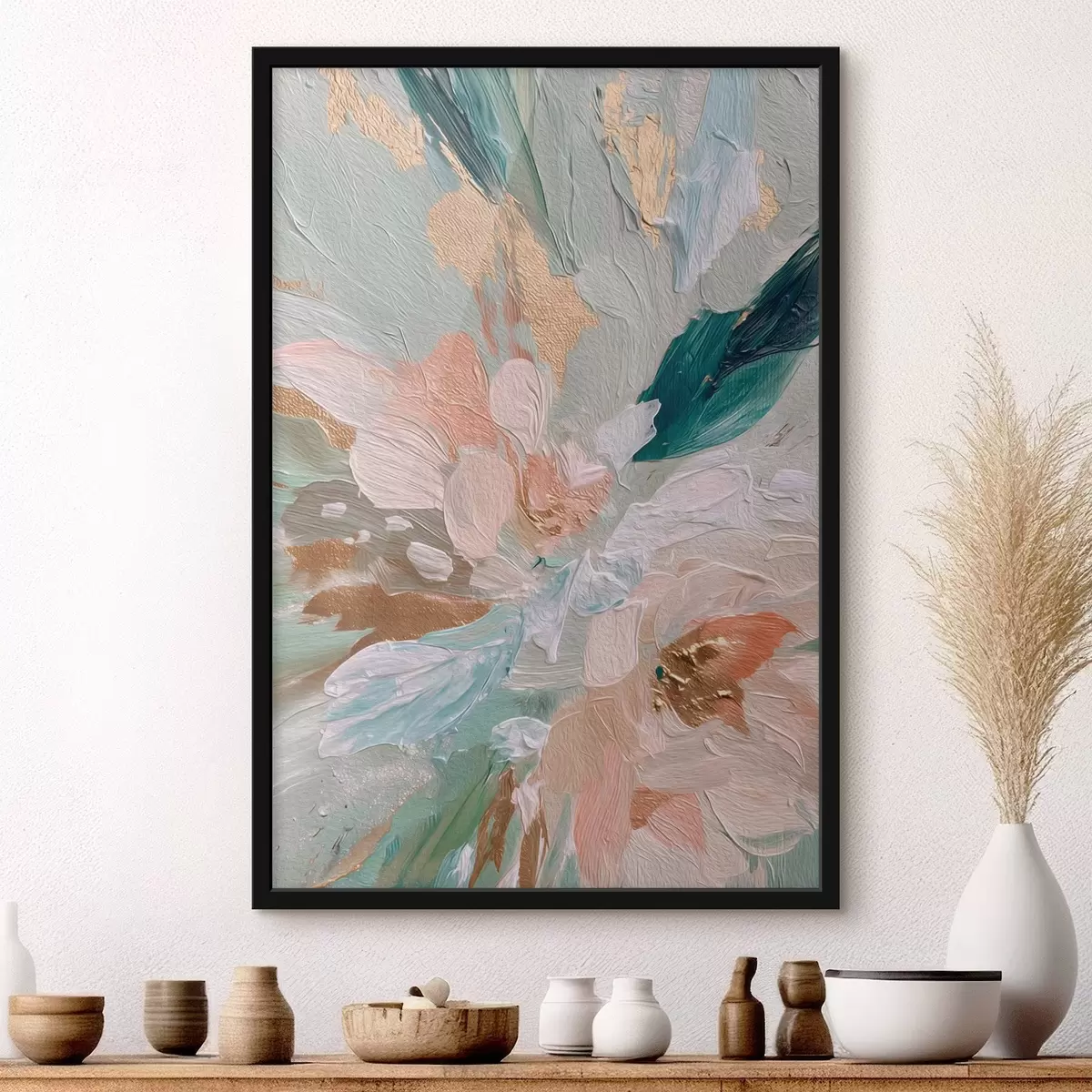 Poster Pastelové květinové tahy se žlutými skvrnkami f45899