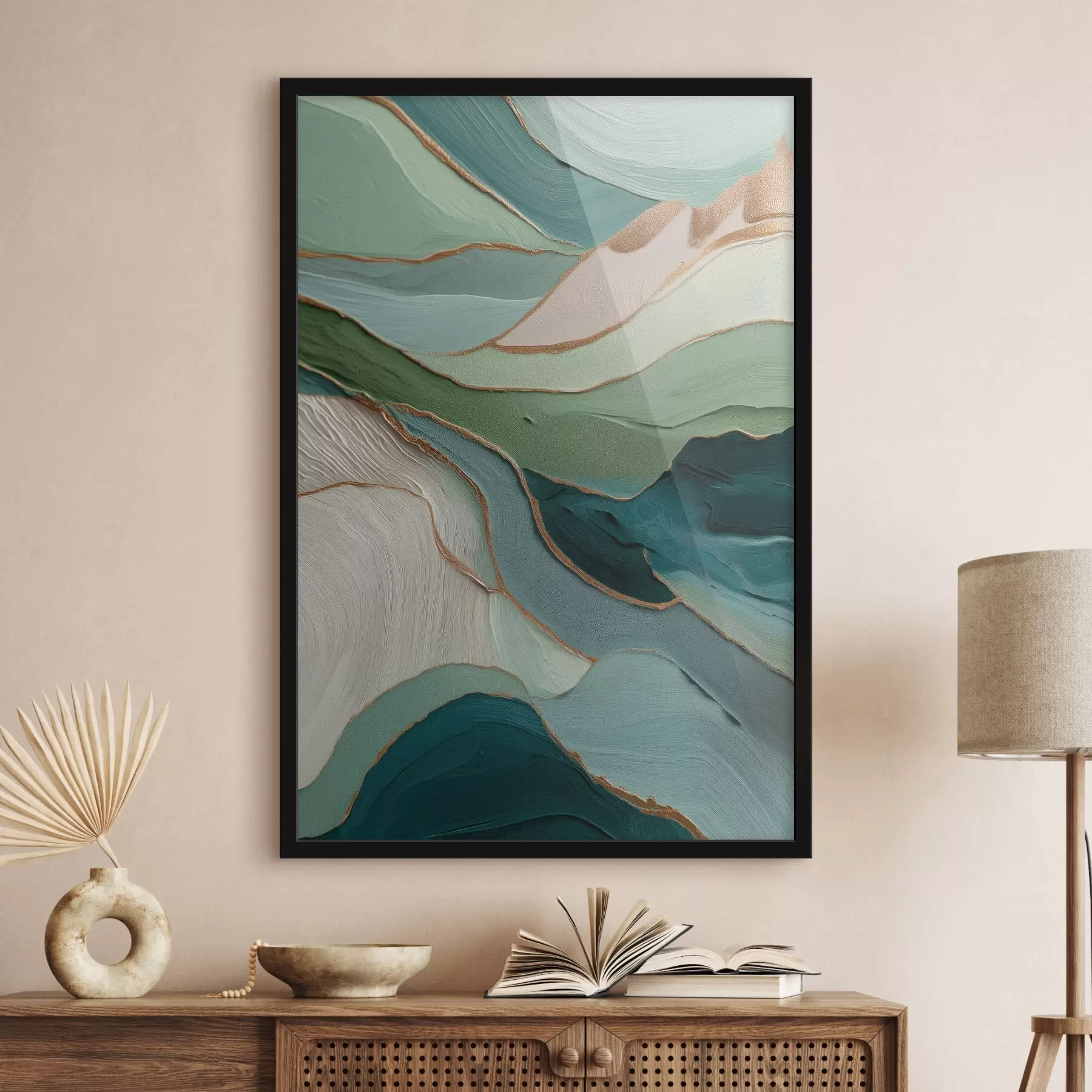 Fototapet Vrstvená zelená abstrakce se žlutými čarami a hloubkou f45902