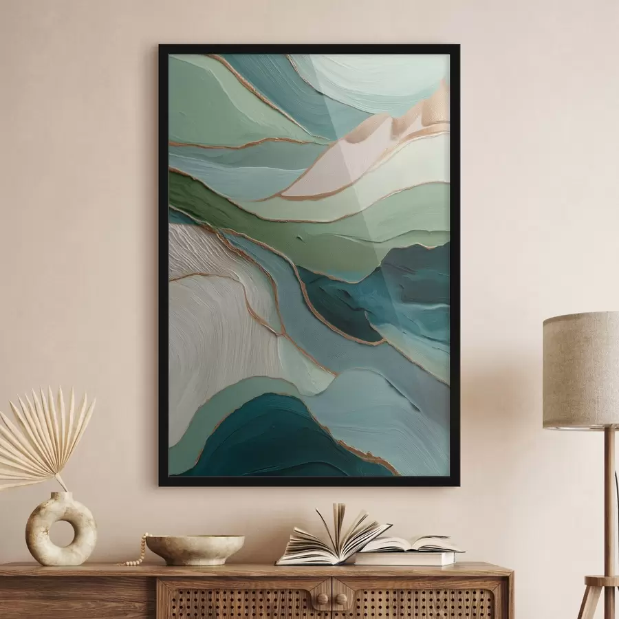 Fototapet Vrstvená zelená abstrakce se žlutými čarami a hloubkou f45902