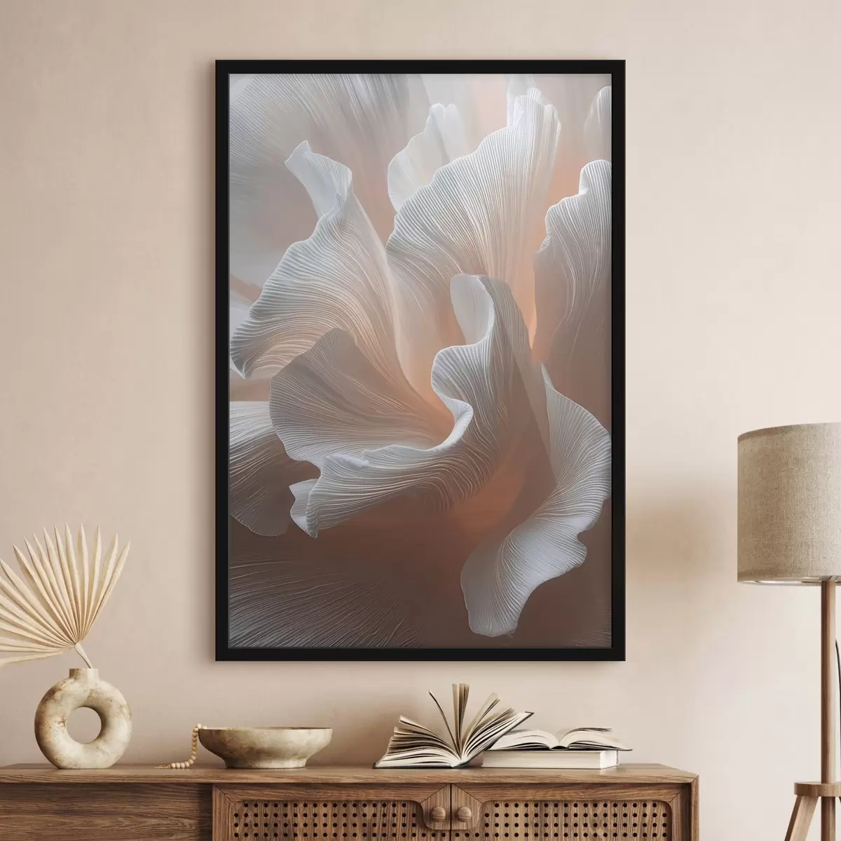 Poster Vzdušné bílé okvětní lístky s teplým broskvovým leskem f45909