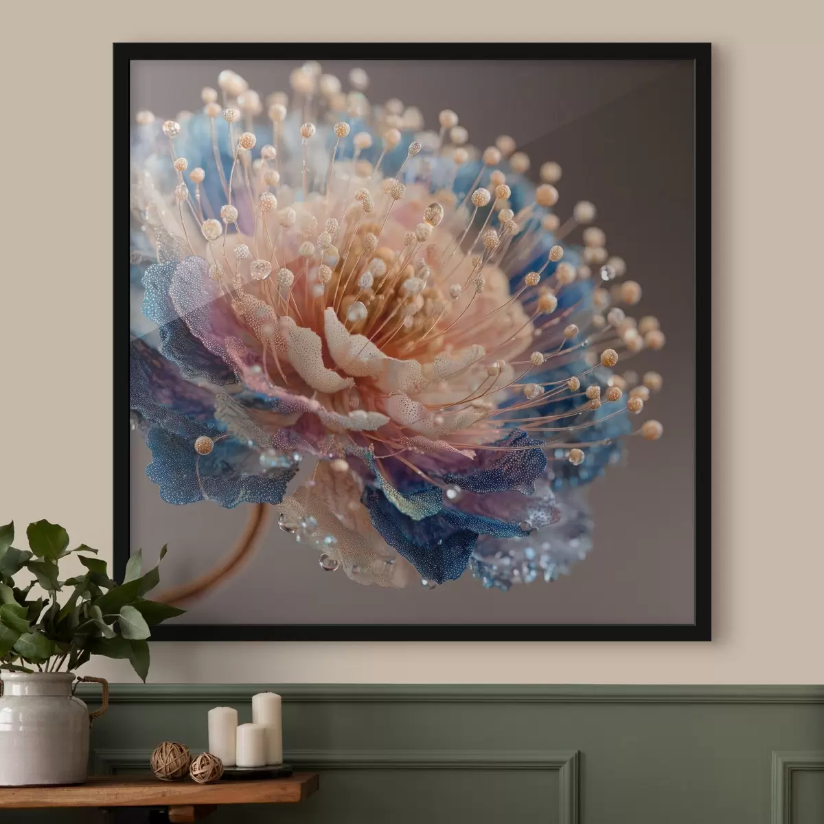 Poster Perleťový květ s kapkami rosy, broskvově modré okvětní lístky f45911