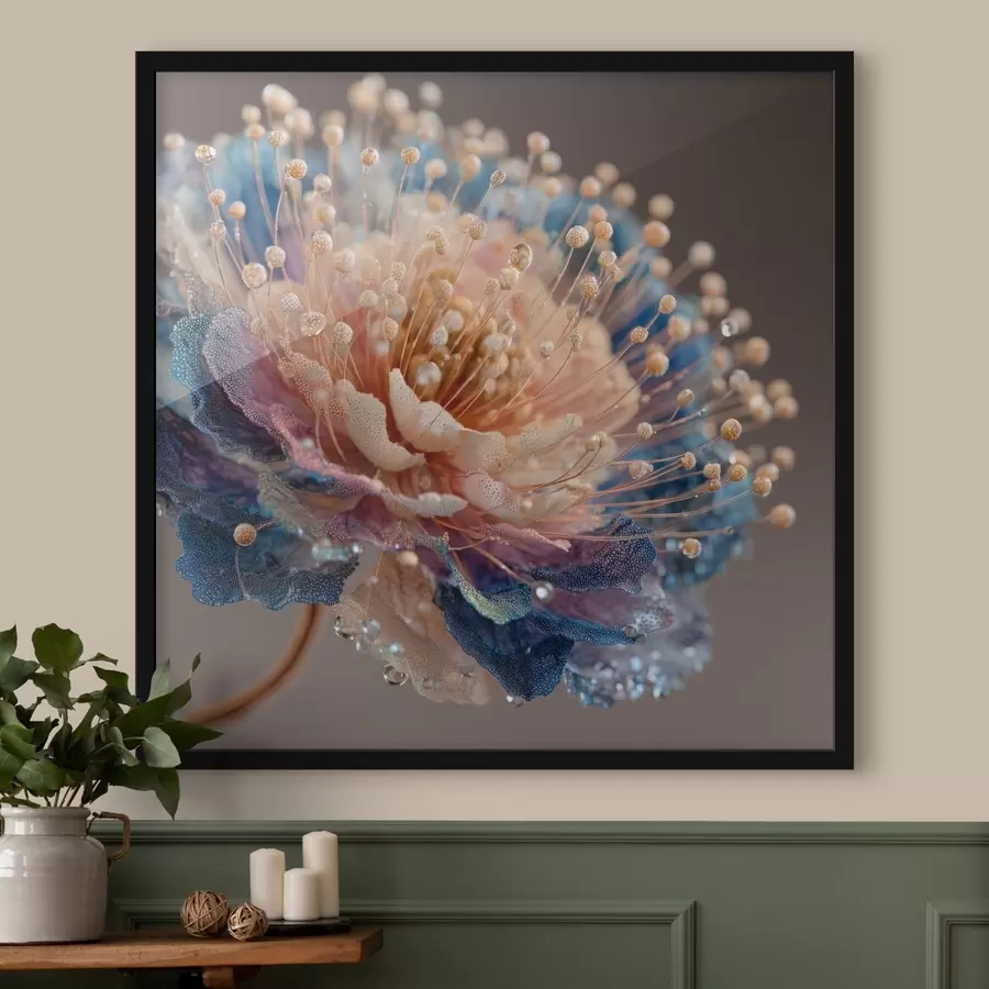 Fototapet Perleťový květ s kapkami rosy, broskvově modré okvětní lístky f45911