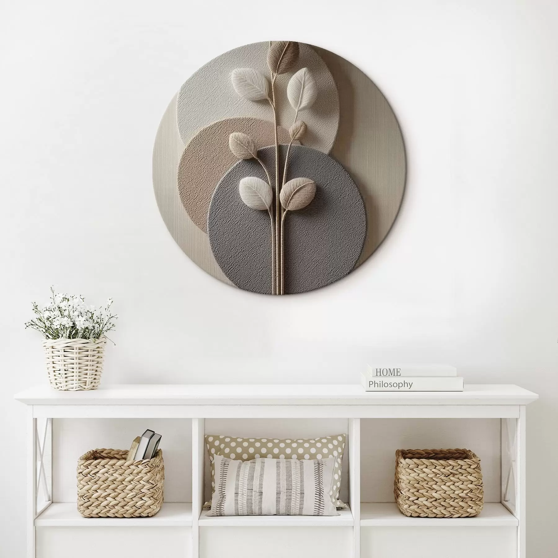 Obraz Reliefní kruhy a větev v teplých neutrálních tónech Č. r45883