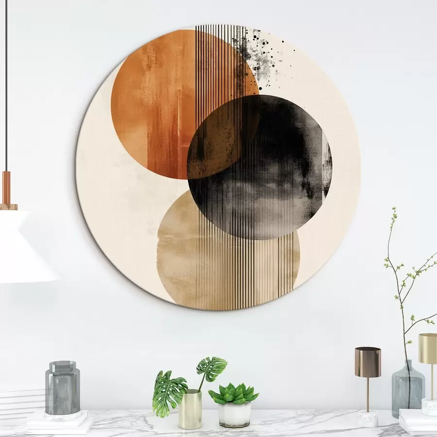 Obraz Tři texturované kruhy s čarami v terakotově černé paletě Č. r45885