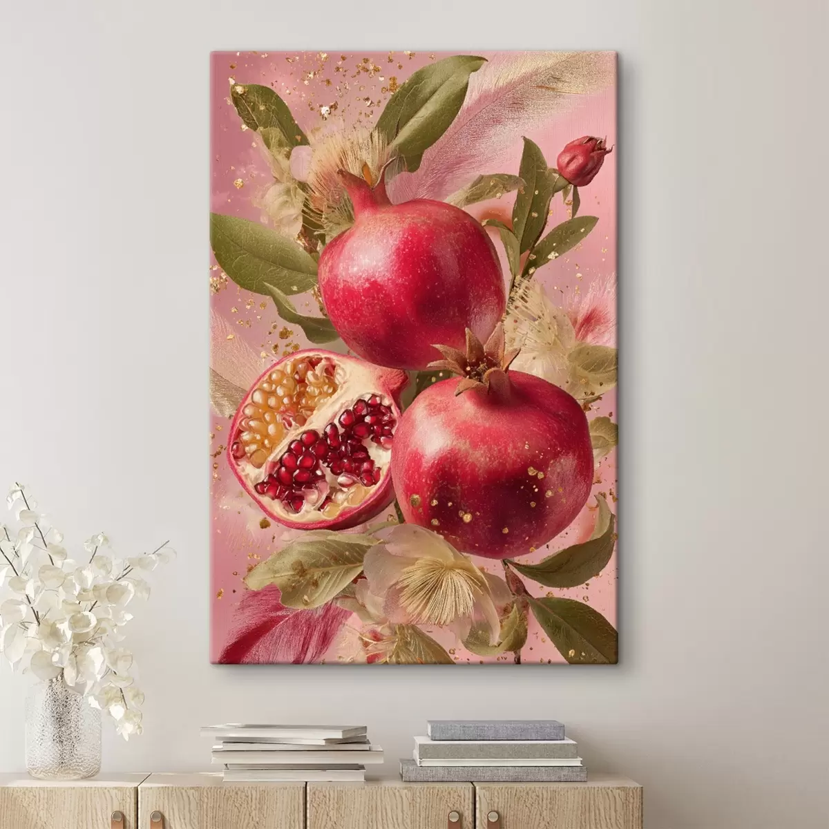 Obraz Zralé granáty на růžovém pozadí s listy і skvrnami Č. s45868