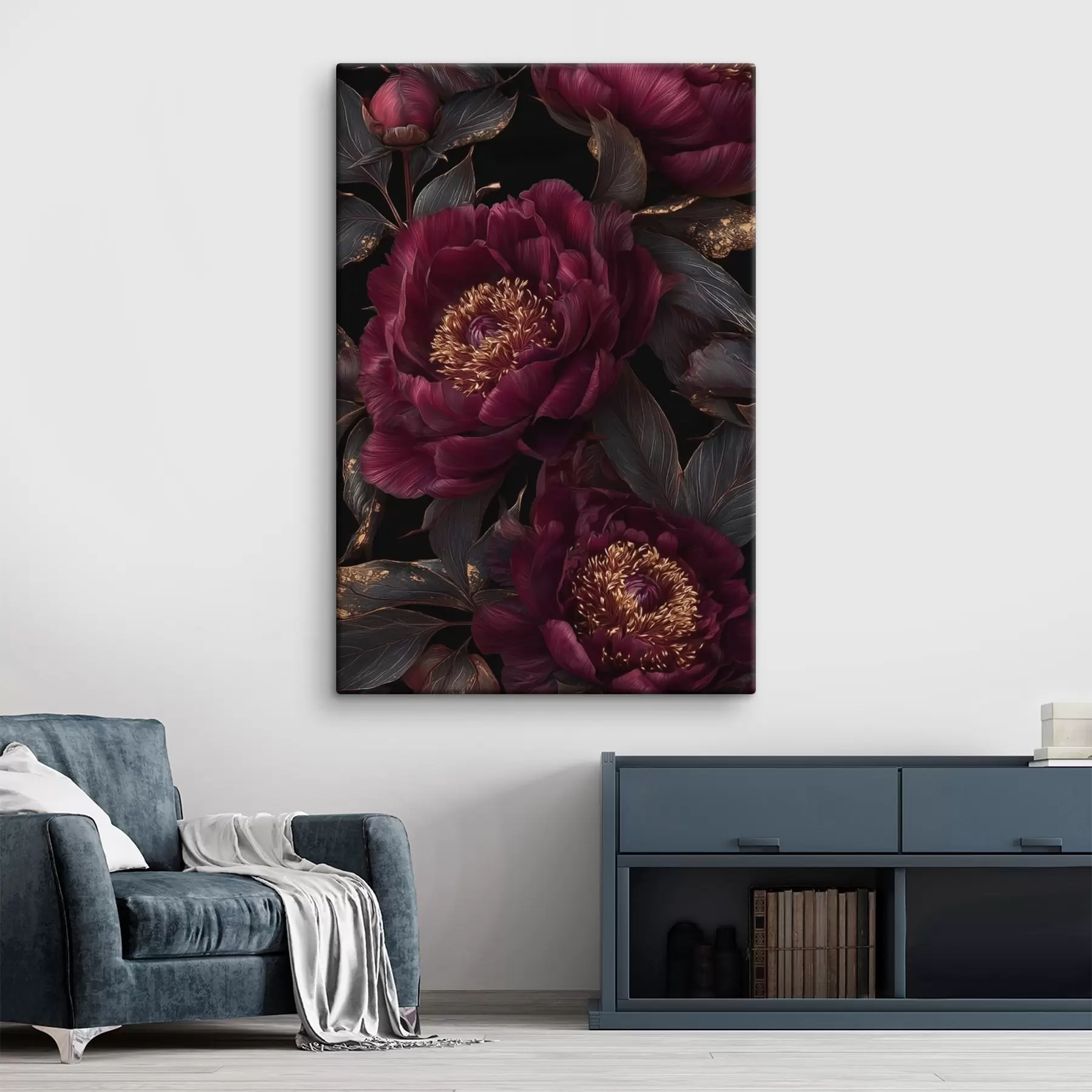 Obraz Burgundské pivoňky na černém pozadí se žlutými akcenty Č. s45877