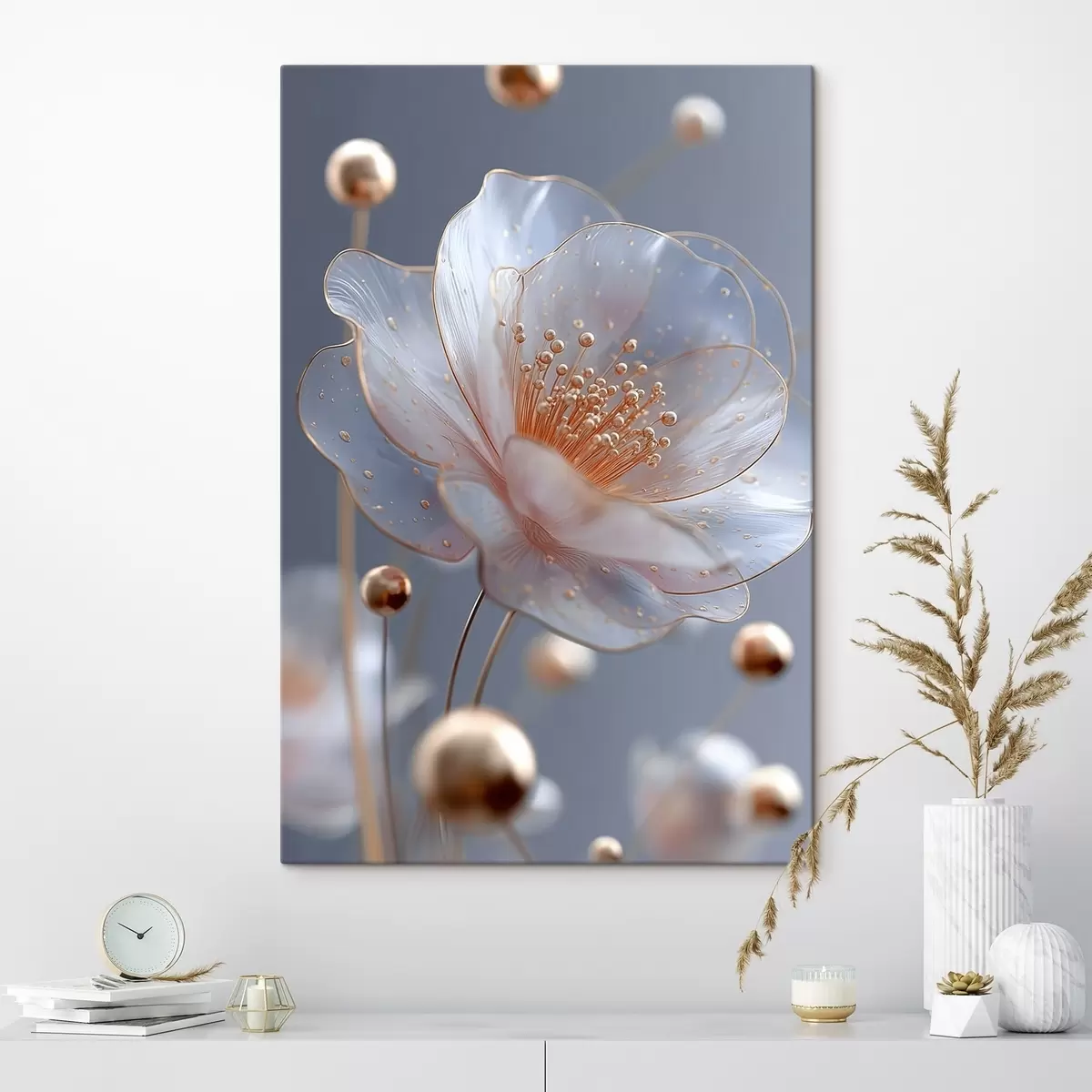 Obraz Průsvitná květina s měděnými tyčinkami na modrém pozadí Č. s45880